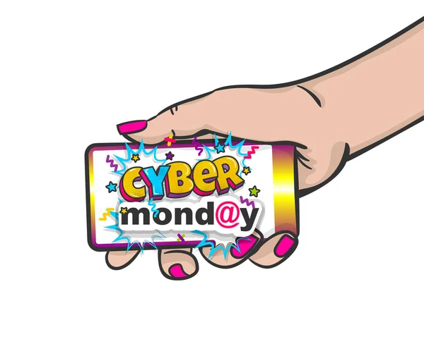 Cyber Monday ผู้หญิงมือป๊อปอาร์ตถือโทรศัพท์ — ภาพเวกเตอร์สต็อก