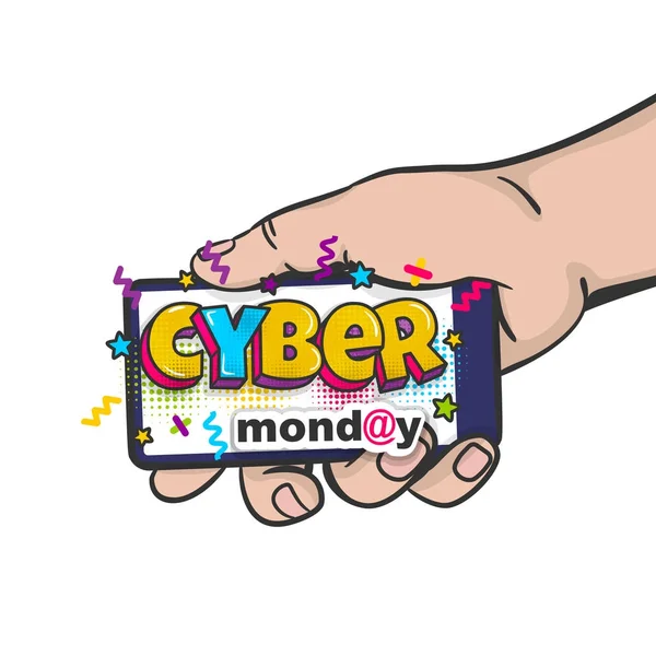 Cyber segunda-feira homem mão pop arte segurar telefone —  Vetores de Stock