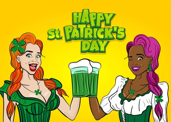 Dos chica celebrar cerveza ale vidrio patrick día — Vector de stock