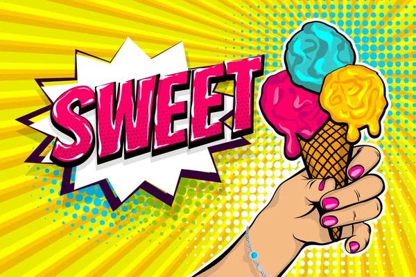 Comic text ice cream sweet time pop art — Stock Vector