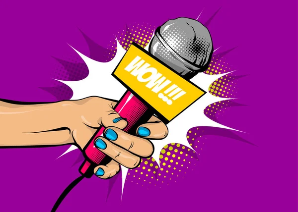 Woman pop art hand hold microphone wow — Stock Vector