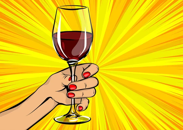 Женщина-поп-арт держит стакан красного вина — стоковый вектор