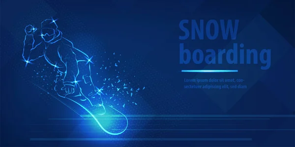 Snowboard man figure jumping sport blue neon banner — Stock vektor
