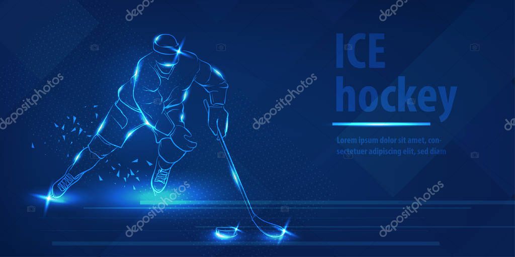 Hockey player on ice with stick shot the puck. Olympic winter sport. Blue neon horizontal banner. Ice hockey man player on the run. Action blue neon hockey winter sport vector background.