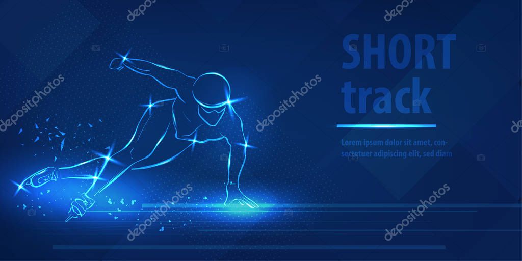 Short track skating sport. Ice skate speed ice skating race. Blue neon horizontal banner. Olympic winter games. Man extreme figure. Short track skating blue neon winter sport vector background.