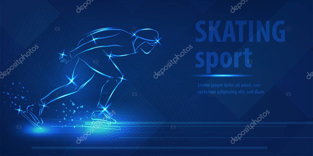 Short track skating sport. Ice skate speed ice skating race. Blue neon horizontal banner. Olympic winter games. Man extreme figure. Short track skating blue neon winter sport vector background.