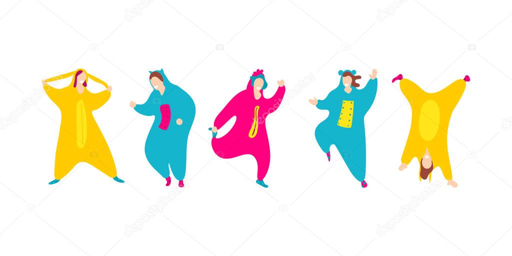 Pajama party. Happy friends in pajamas costume isolated