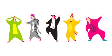 Pajama party. Happy friends in pajamas costume isolated clipart