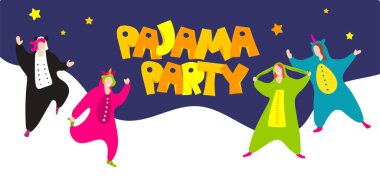 Pijama partisi pijama kostümlü mutlu arkadaşlar.