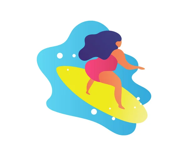 Плоска жінка серфінг хвилі мультфільм літо модні люди — стоковий вектор