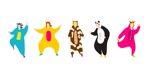 Fiesta de pijamas. Felices amigos en pijama traje aislado — Vector de stock