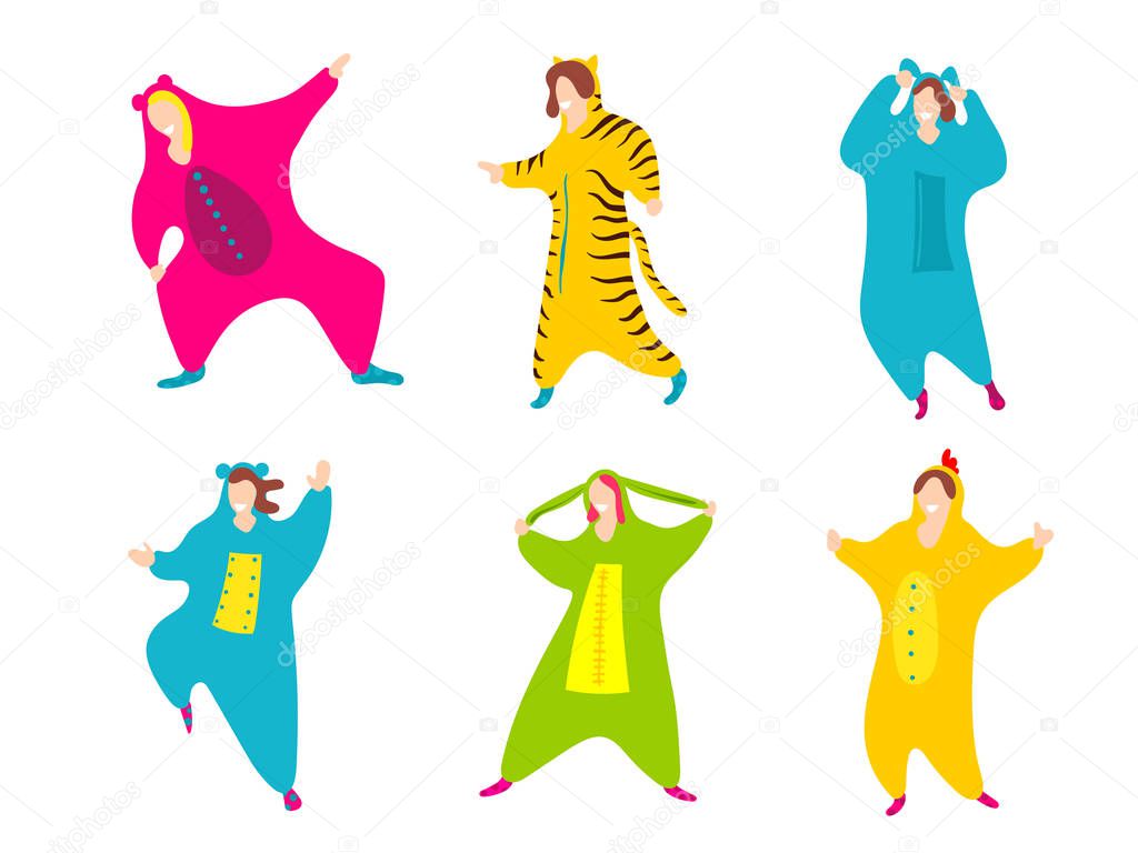 Pajama party. Happy friends in pajamas costume isolated