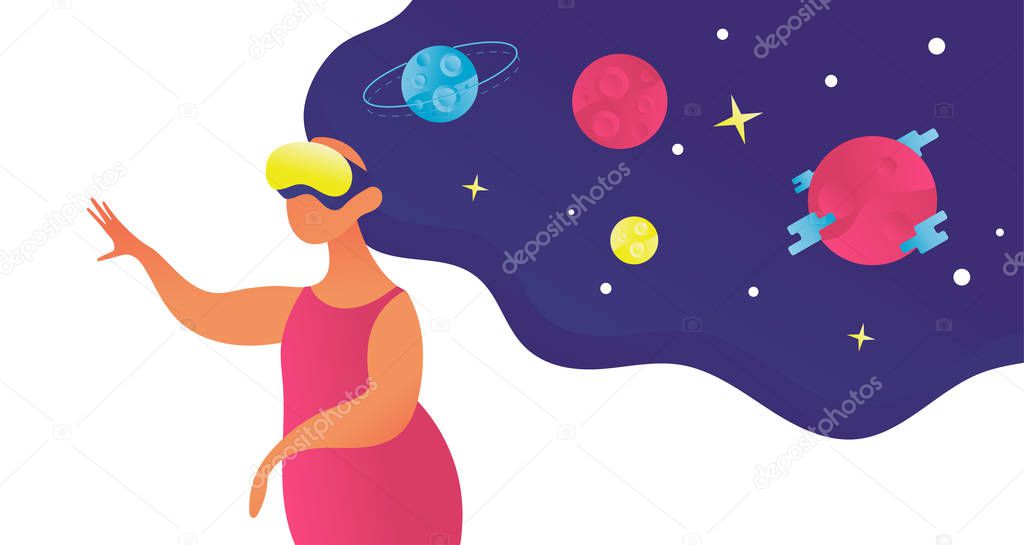 Woman in vr glasses look at space on star and planet.