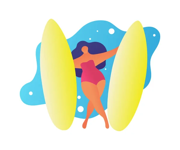 Platte vrouw surfen golven cartoon zomer trendy mensen — Stockvector