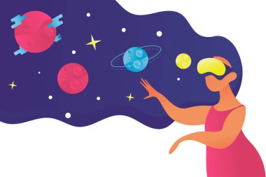 VR gözlüklü kadın yıldız ve gezegendeki boşluğa bakar.