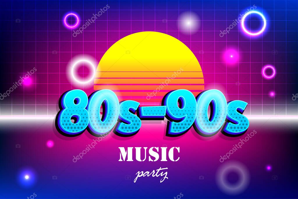 Retro background in 80s 90s pop art style. Vapor wave disco party banner in neon colors. Pop art comic text futuristic neon sunset