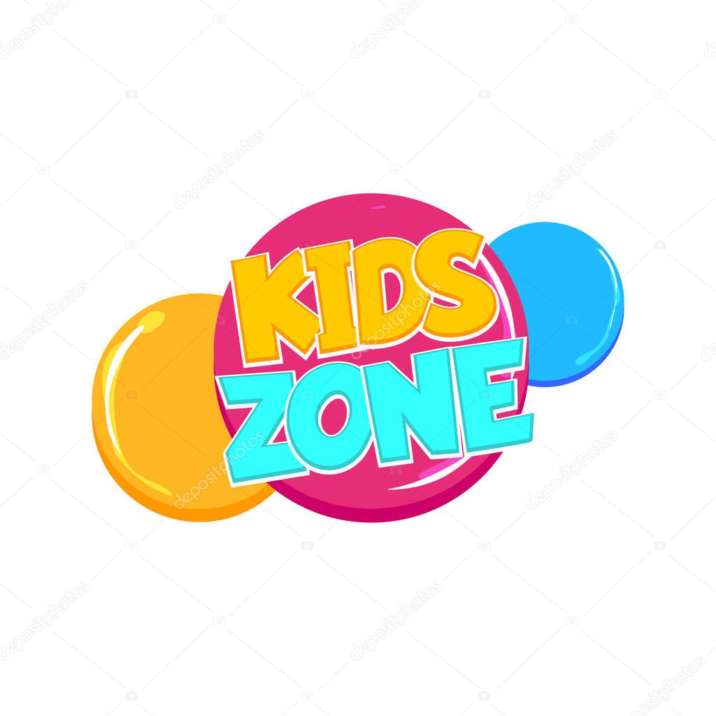 Kids zone comic text badge on splash sticker. Colored funny cartoon text for child room and playful zone. Kids party logo comics font. Isolated white vector.