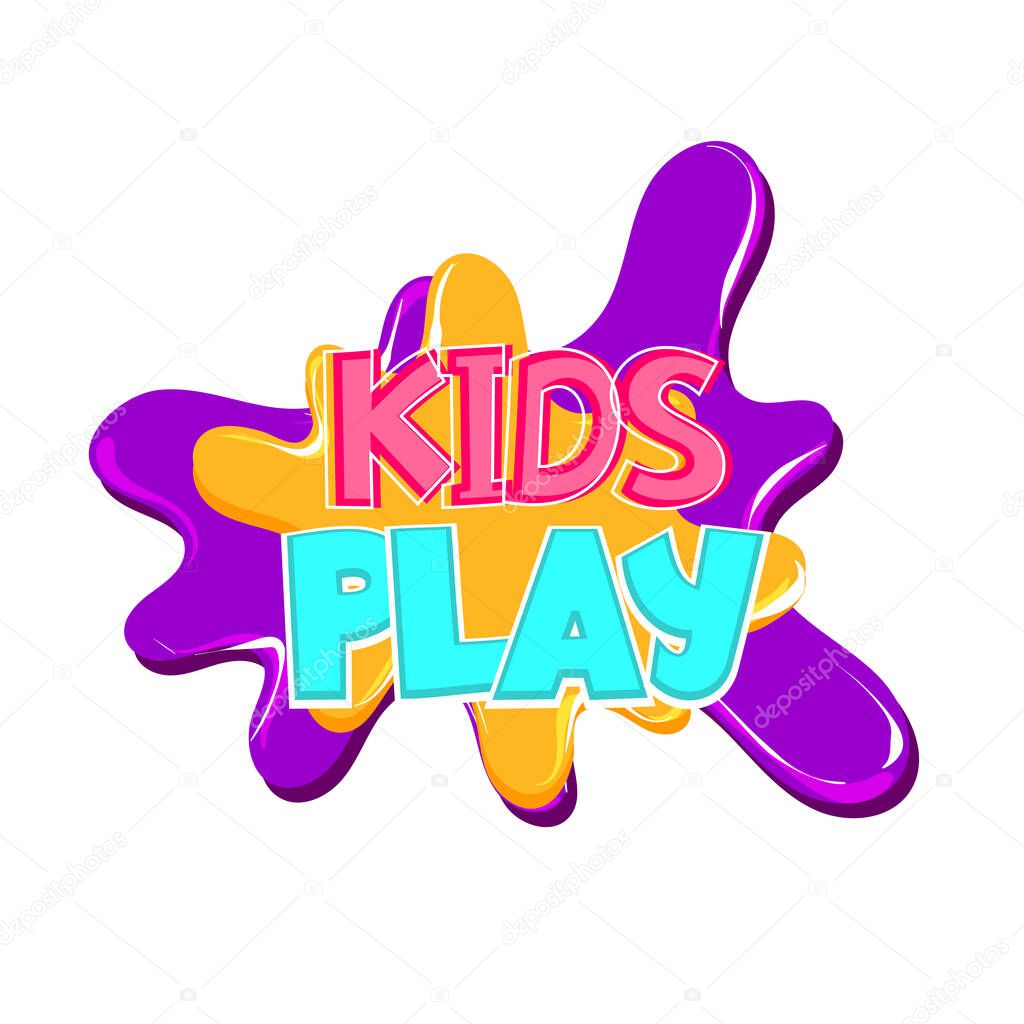 Kids play comic text badge on splash sticker. Colored funny cartoon text for child room and playful zone. Kids party logo comics font. Isolated white vector.