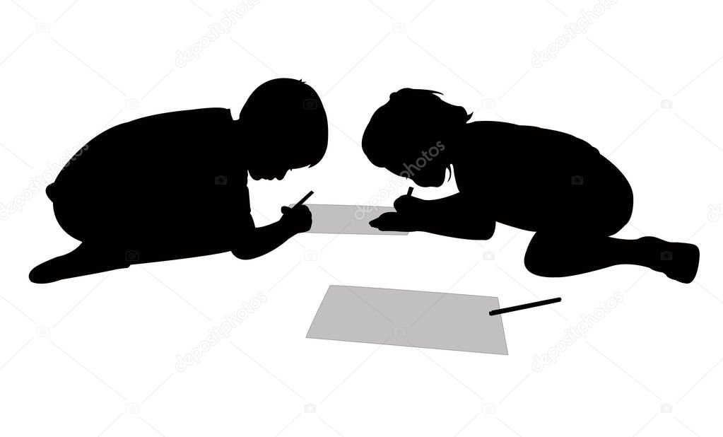 children writing on paper, silhouete vector