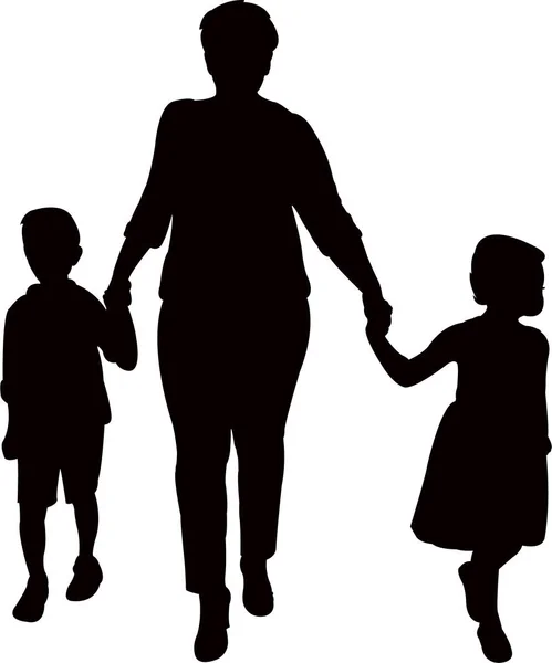 Madre Hijos Caminando Silueta Vector — Vector de stock