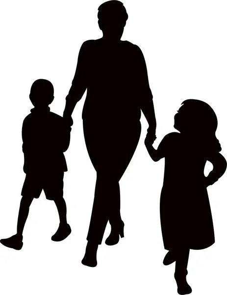 Mother Children Walking Silhouette Vector — Stock Vector