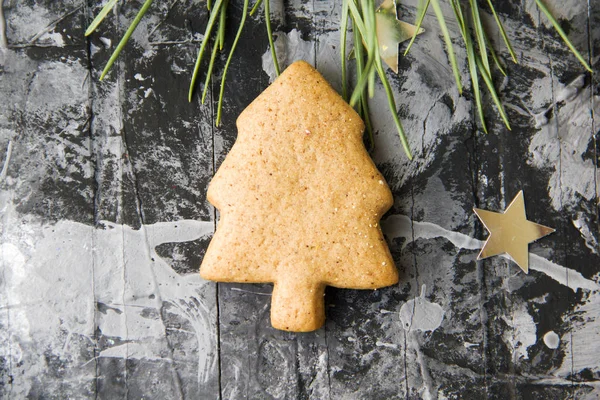 Fundo Festivo Natal Biscoito Árvore Natal Gengibre Com Abeto Estrela — Fotografia de Stock