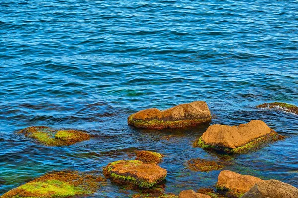 Suda Deniz Taşları Öndeki Suyun Üstünde Denizin Arka Planında Dalgalanmalar — Stok fotoğraf