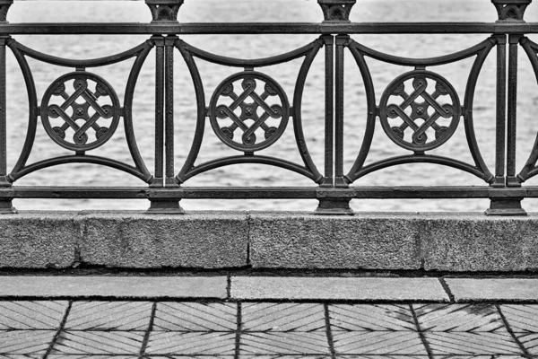Old Metal Fence Promenade Closeup Part Stone Pavement Monochrome Tone — Stock Photo, Image