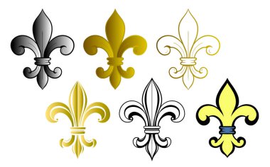 Kusursuz desenli, beyaz arka planda fleur-de-lis denen altın bir zambak. Vektör heraldik süs. Tasarım, ambalaj, duvar kağıdı, tekstil, kart, web için kullanılabilir