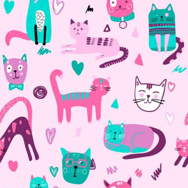 Seamless pattern with cute Kittens in diferent style. Creative childish texture. Great for fabric, textile Vector Illustration