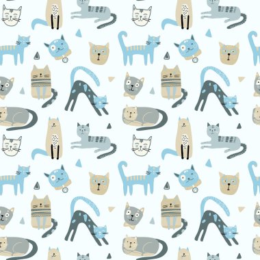 Seamless pattern with cute Kittens in diferent style. Creative childish texture. Great for fabric, textile Vector Illustration