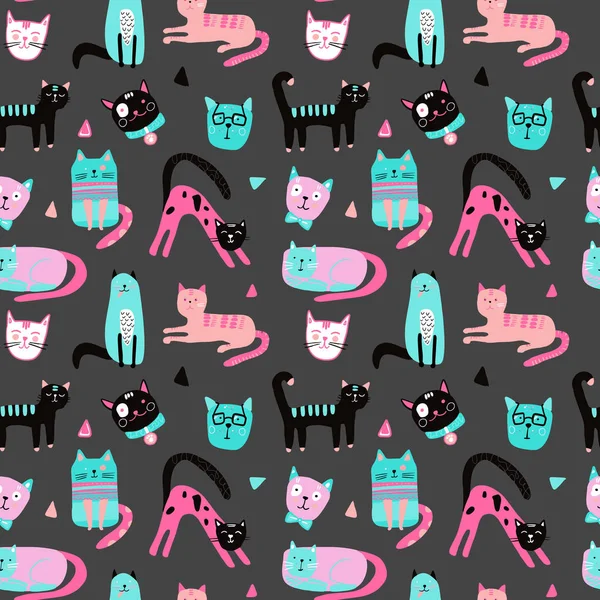 Seamless Pattern Cute Kittens Diferent Style Creative Childish Texture Great — 스톡 벡터