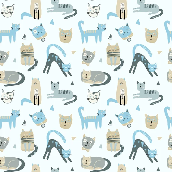 Nahtloses Muster Mit Niedlichen Kätzchen Unterschiedlichem Stil Kreative Kindliche Textur — Stockvektor