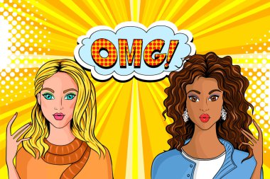Banner with illustration of girls blonde and brunette advertising bubble with the inscription OMG. Bright colorful background in the style of pop art for advertising discounts. clipart