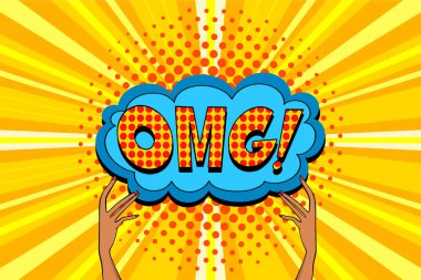 Banner with illustration of hands advertising bubble with omg inscription. Bright colorful background in the style of pop art for advertising discounts.