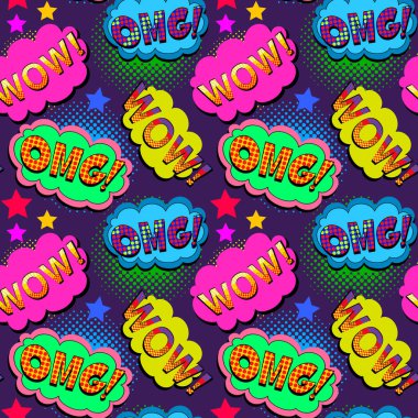 Retro comic style colorful pattern with text WOW and OMG  on colorful clouds and stars