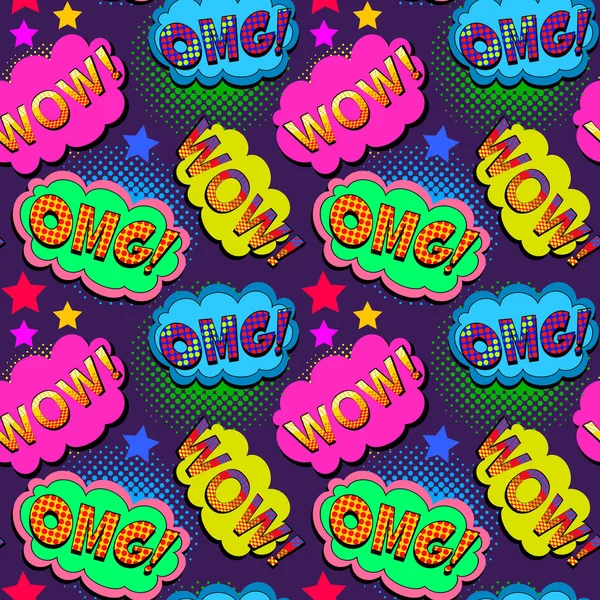 Retro Comic Style Colorful Pattern Text Wow Omg Colorful Clouds — 스톡 벡터