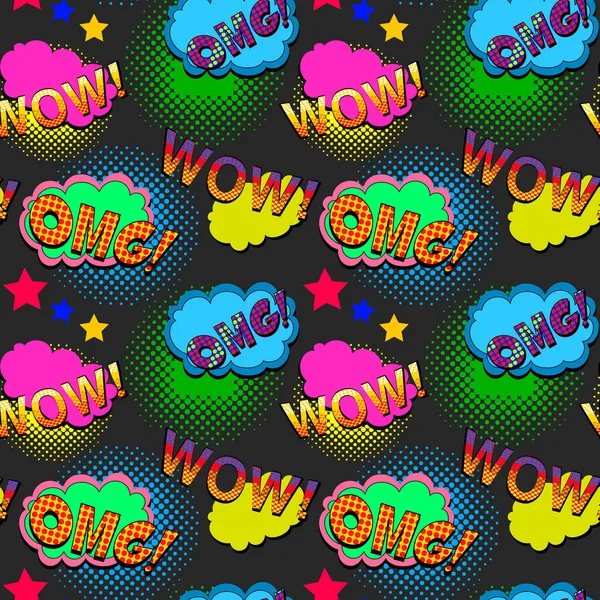 Retro Comic Style Colorful Pattern Text Wow Omg Colorful Clouds — ストックベクタ