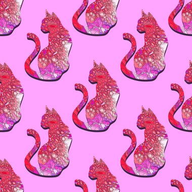 Soyut renklere sahip şirin renkli kedi siluetlerinin vektörsüz deseni. Duvar kağıdı, tekstil ve baskı için kullanılır..