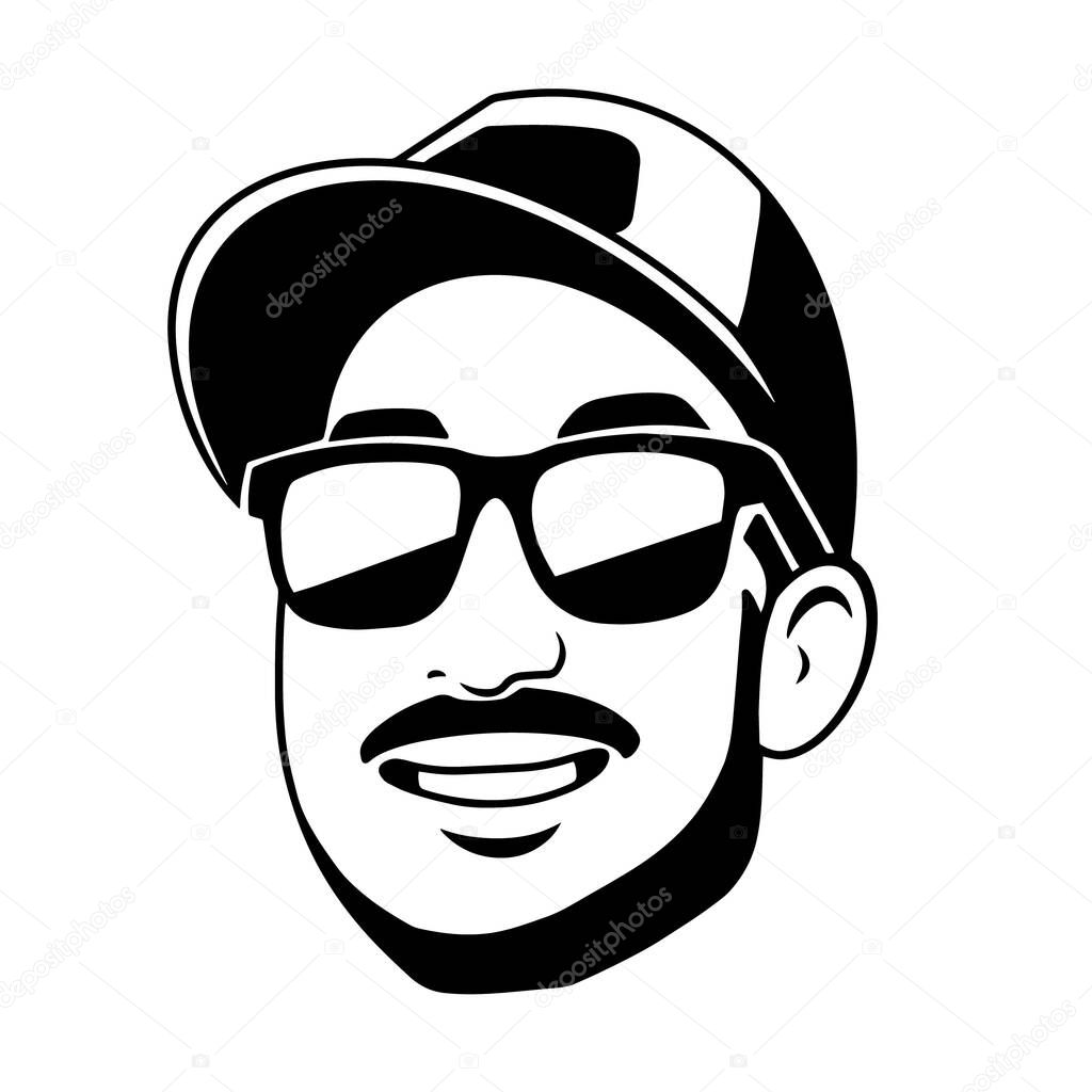 BLACK-WHITE LOGO MAN IN BLACK GLASSES AND CAP. USED FOR PRINTING BUSINESS T-SHIRTS AND T-SHIRT DESIGN