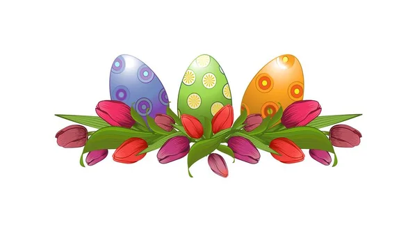 Tulipanes Huevos Pascua Semana Santa Una Guirnalda Flores Adorna Conjunto — Vector de stock