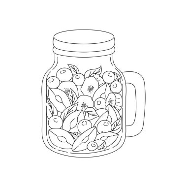 Meyveli cam kavanoz. Sağlıklı beslenme atıştırmalığı. Görüntü eşleşmesi. Dekorasyon için elementler. Vektör illüstrasyonu.