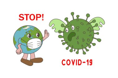Coronovirus. Dünya gezegeni koronovirüsü durdurur. Mesaj at. Çok renkli bir görüntü. Tasarım elemanı. Vektör illüstrasyonu.