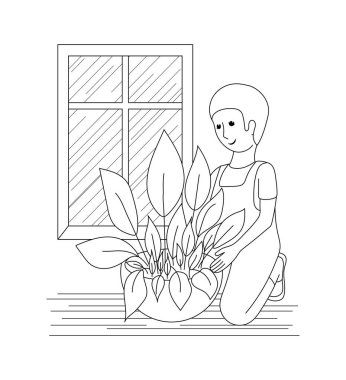 Kapalı alandaki bitkilerle ilgilenin. Evde bitkilerle ilgilenen bir çocuğun görüntüsü. Beyaz arka planda ana hatlarıyla çizim. Tasarım elemanı. vektör illüstrasyonu.