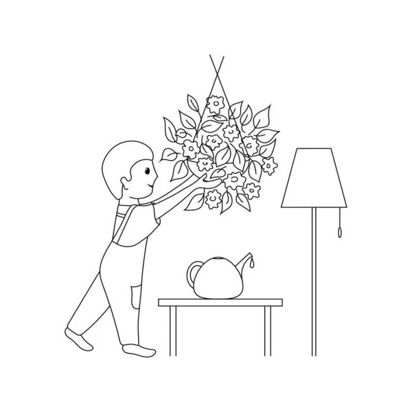 Péče Vnitřní Rostliny Obrázek Dítěte Pečujícího Rostliny Doma Obrys Kresby — Stockový vektor