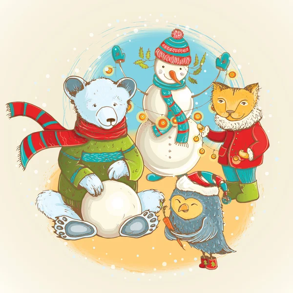 Ilustração de Natal vetorial com animais bonitos e boneco de neve —  Vetores de Stock