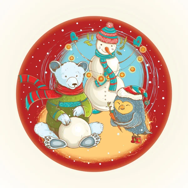 Vector christmas illustration with cute animals and snowman — Stock vektor