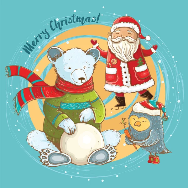 Vector linda tarjeta de Navidad con personajes divertidos — Archivo Imágenes Vectoriales