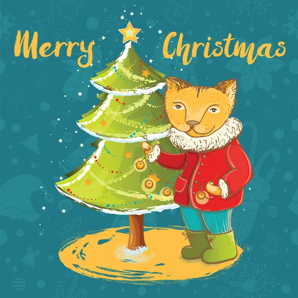 เวกเตอร์การ์ดคริสต์มาสน่ารักกับแมวและต้นคริสต์มาส — ภาพเวกเตอร์สต็อก