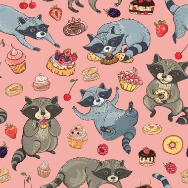 Vector seamless pattern with raccoons and cakes clipart